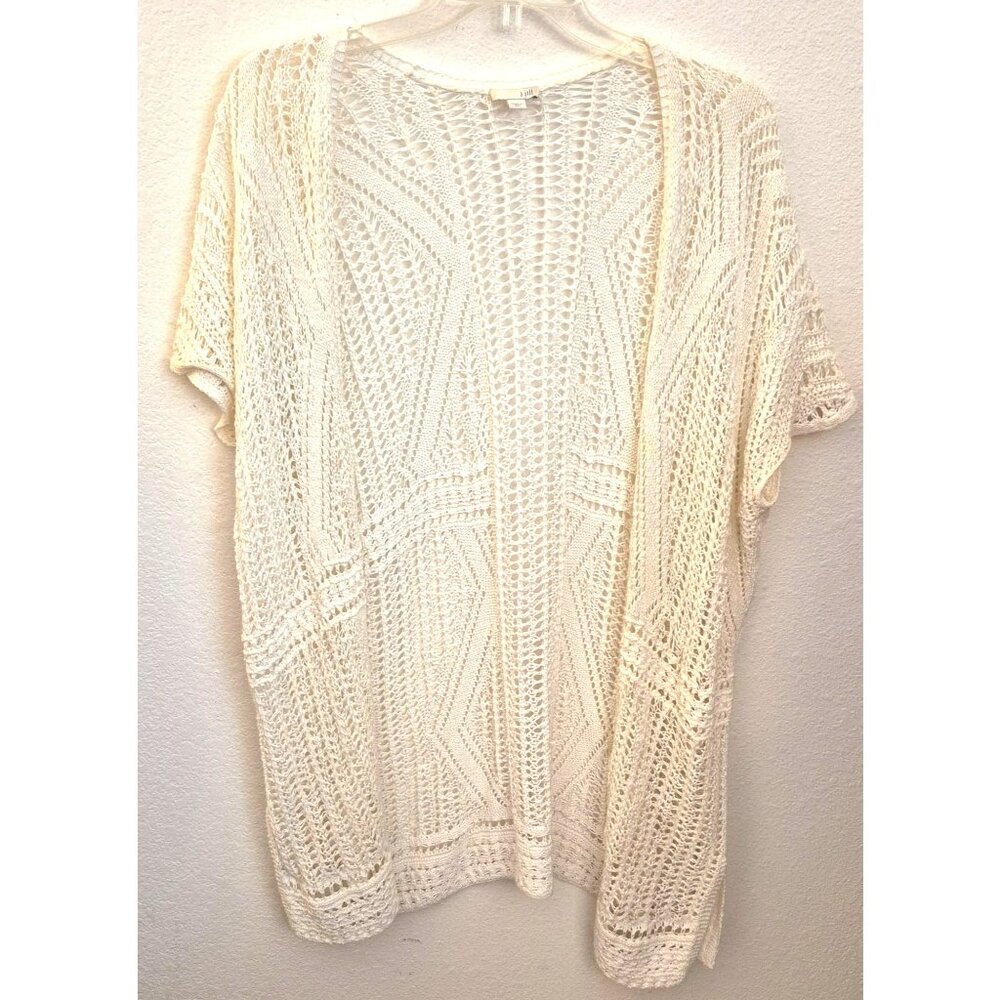 J. Jill White Crochet Cotton Knit Open Front  Over Size Cardigan Kimono Sz M/L